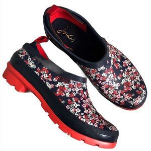 Joules pop-on rain clogs, navy/red floral, sz 9
